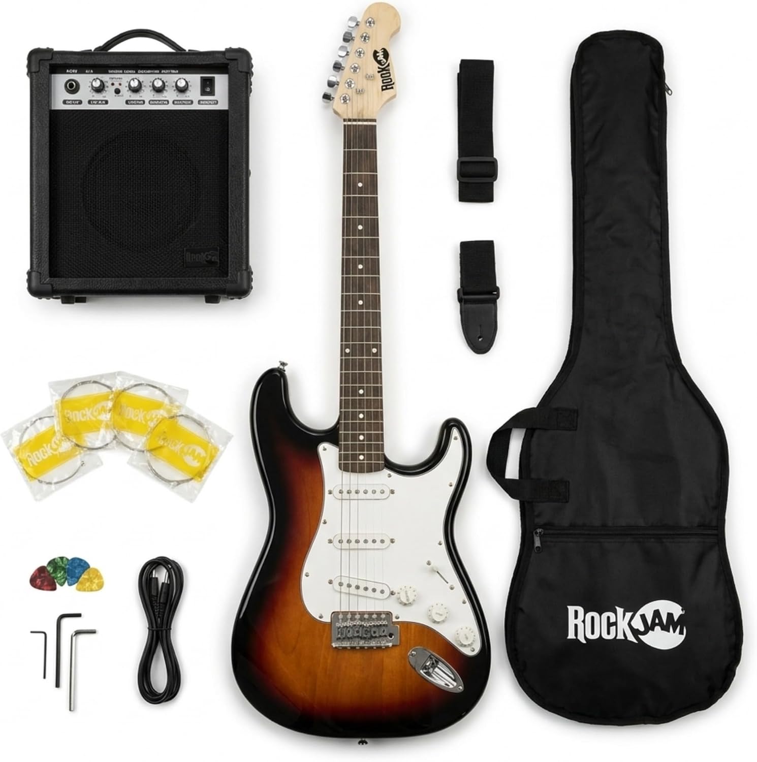 RockJam full-size electric guitar starter kit with 10W amplifier and accessories