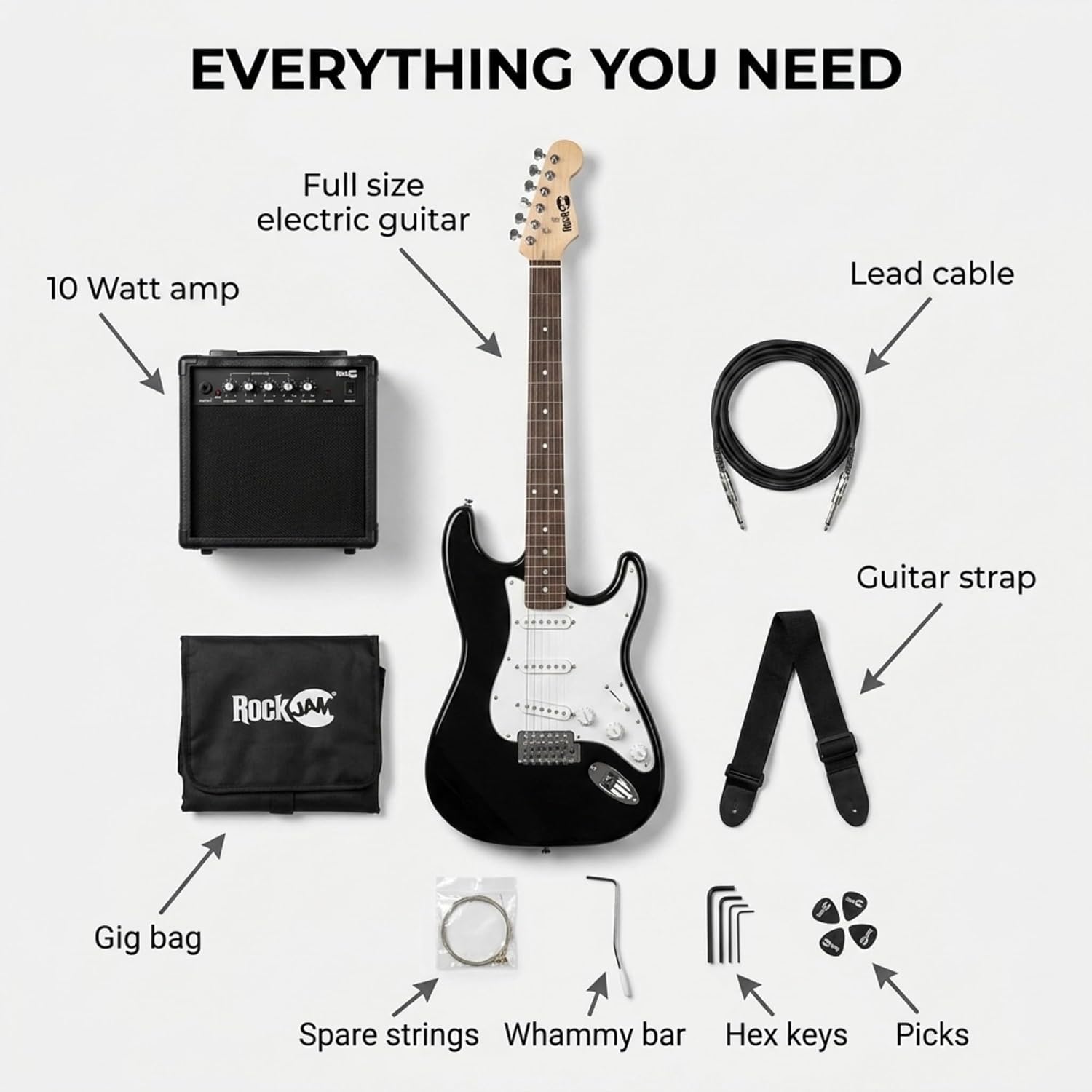 RockJam electric guitar kit with amplifier, gig bag, cable and accessories