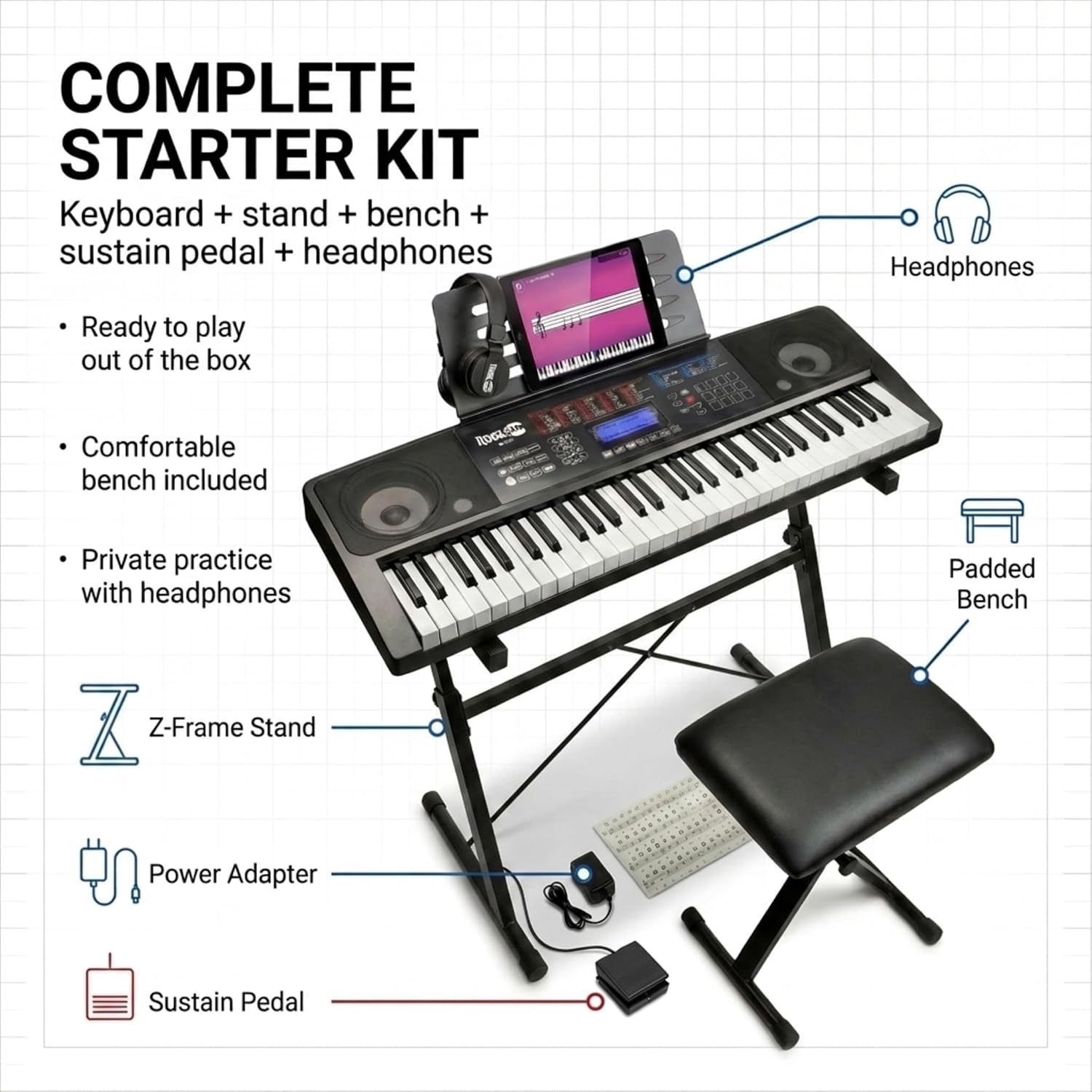 RockJam RJ761-SK 61-key keyboard SuperKit with stand, stool and accessories