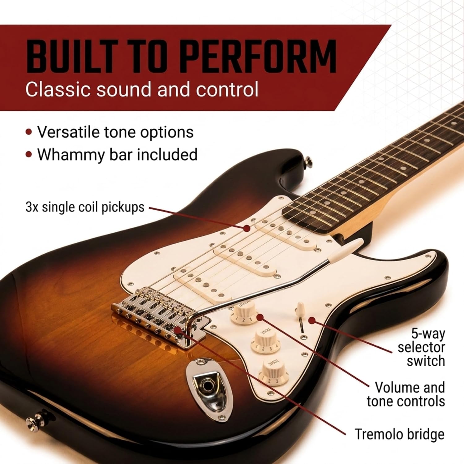 RockJam electric guitar with three single-coil pickups and tremolo bridge