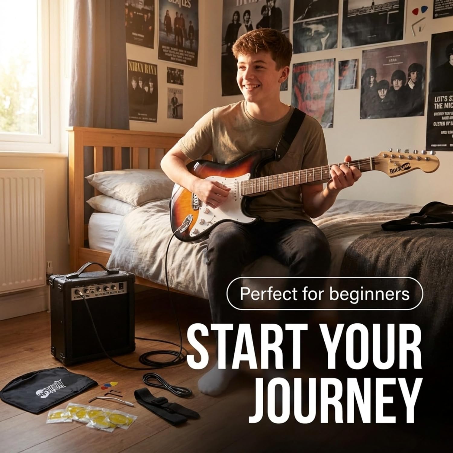 Beginner playing RockJam full-size electric guitar with practice amplifier