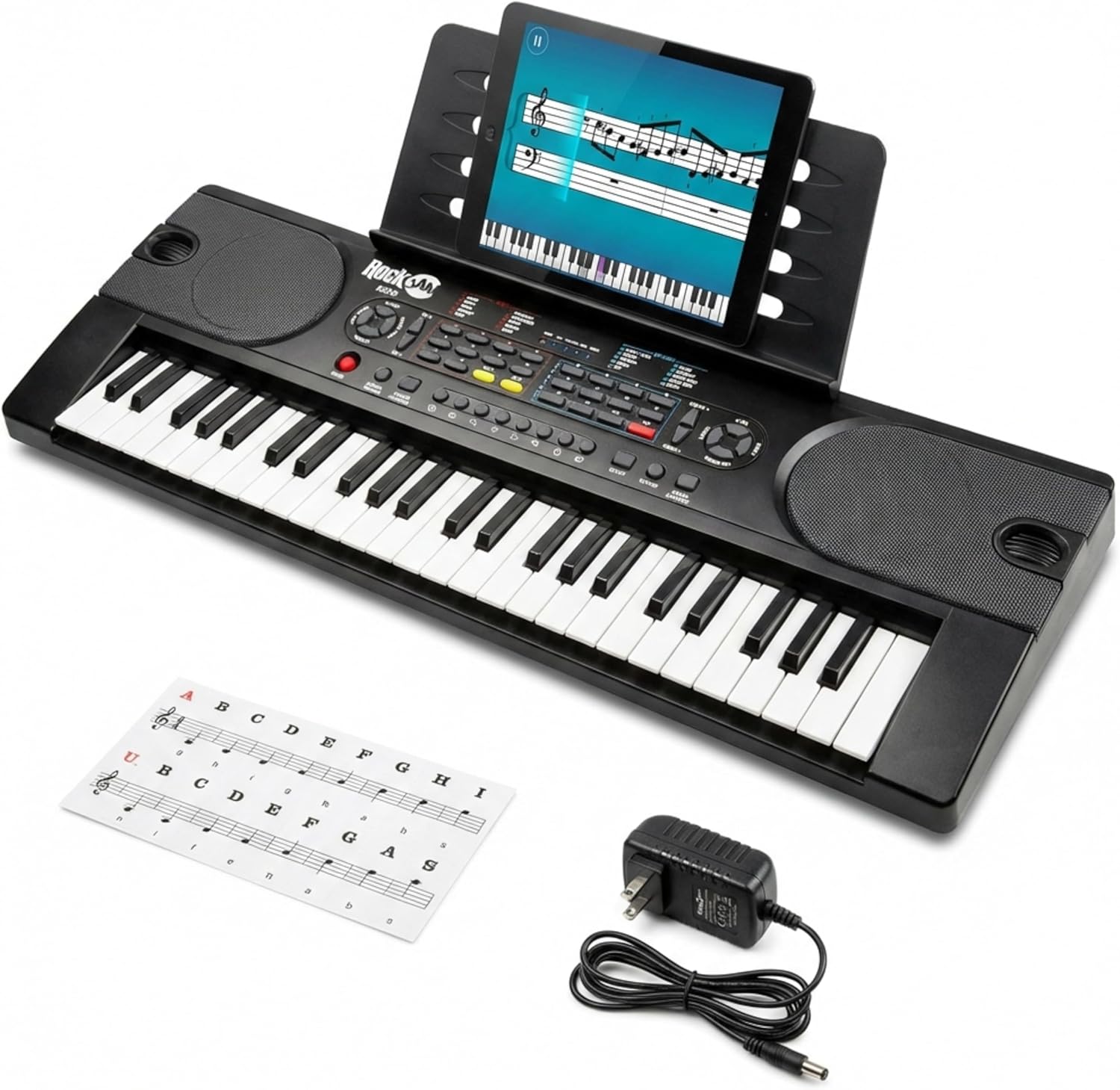 RockJam RJ549 49-key electronic keyboard with music stand, note stickers and power adaptor