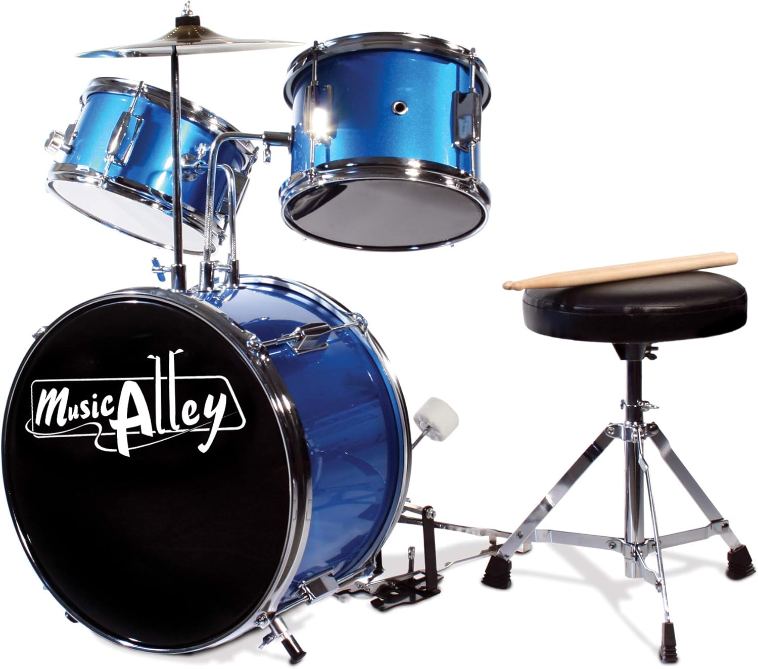 Music Alley 3-piece junior acoustic drum kit in blue with cymbal, bass drum pedal, stool and drumsticks