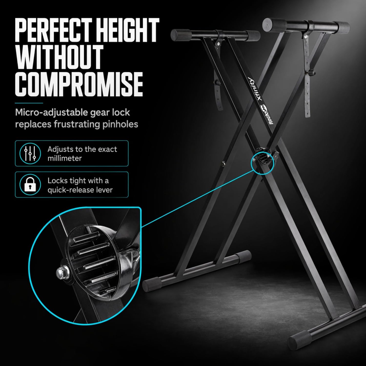 RockJam RJXX363 keyboard stand showing the micro-adjustable gear-lock height mechanism