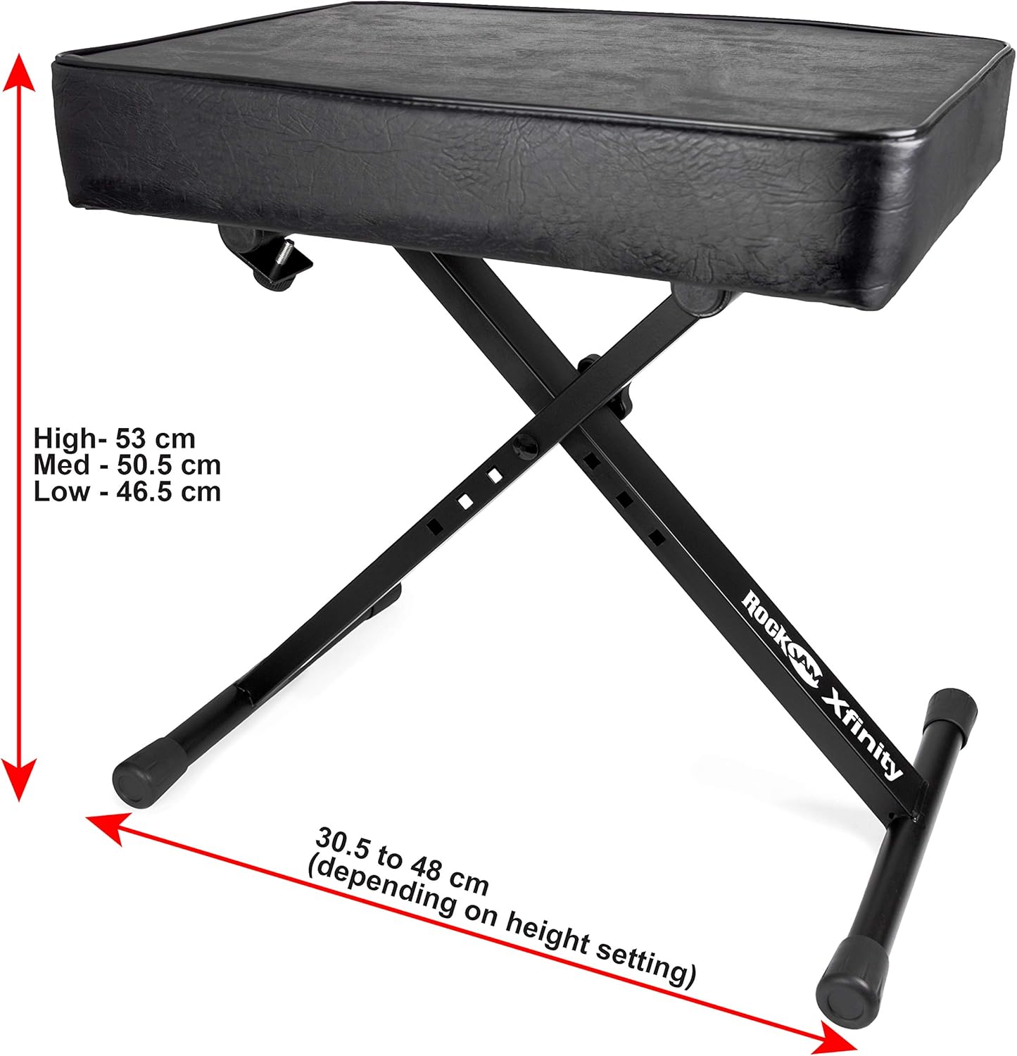 RockJam KB100 keyboard bench showing adjustable height and frame dimensions