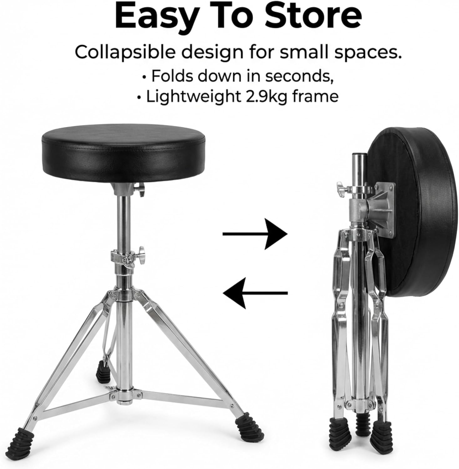 RockJam DP-001 drum throne shown open and folded with collapsible tripod legs for storage