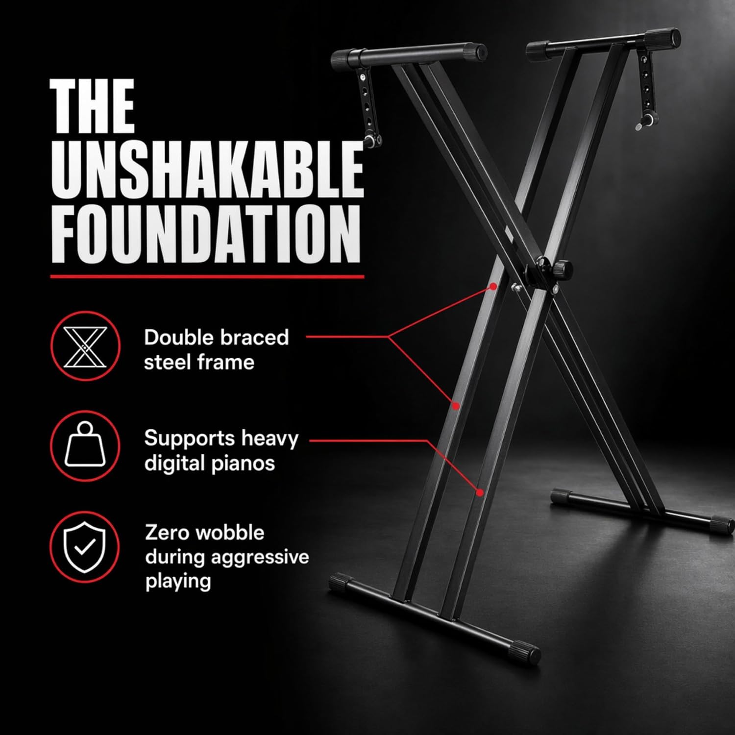 RockJam RJX29 keyboard stand showing quick-release locking mechanism and five height positions