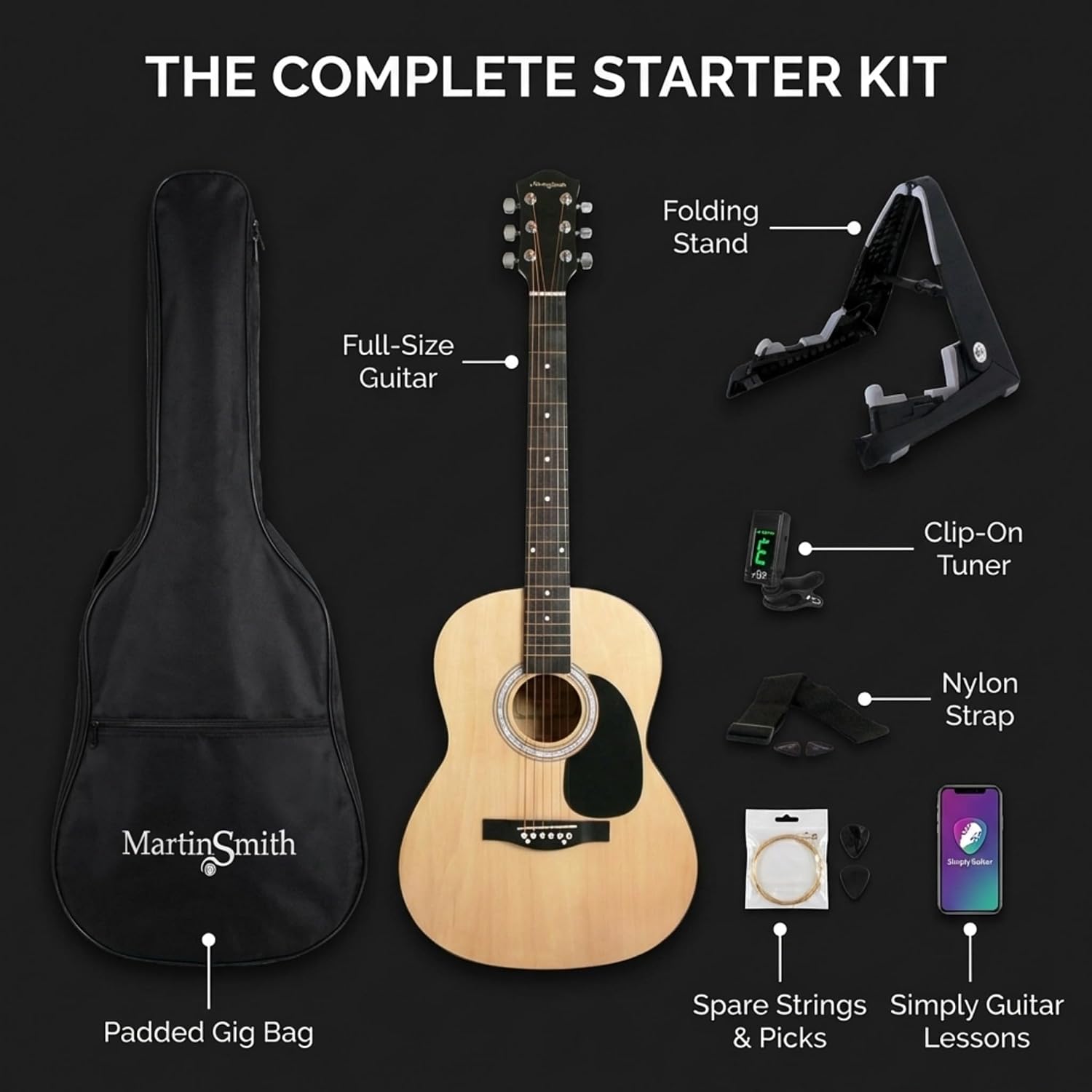 Martin Smith W-101 natural acoustic guitar with carry bag and folding guitar stand