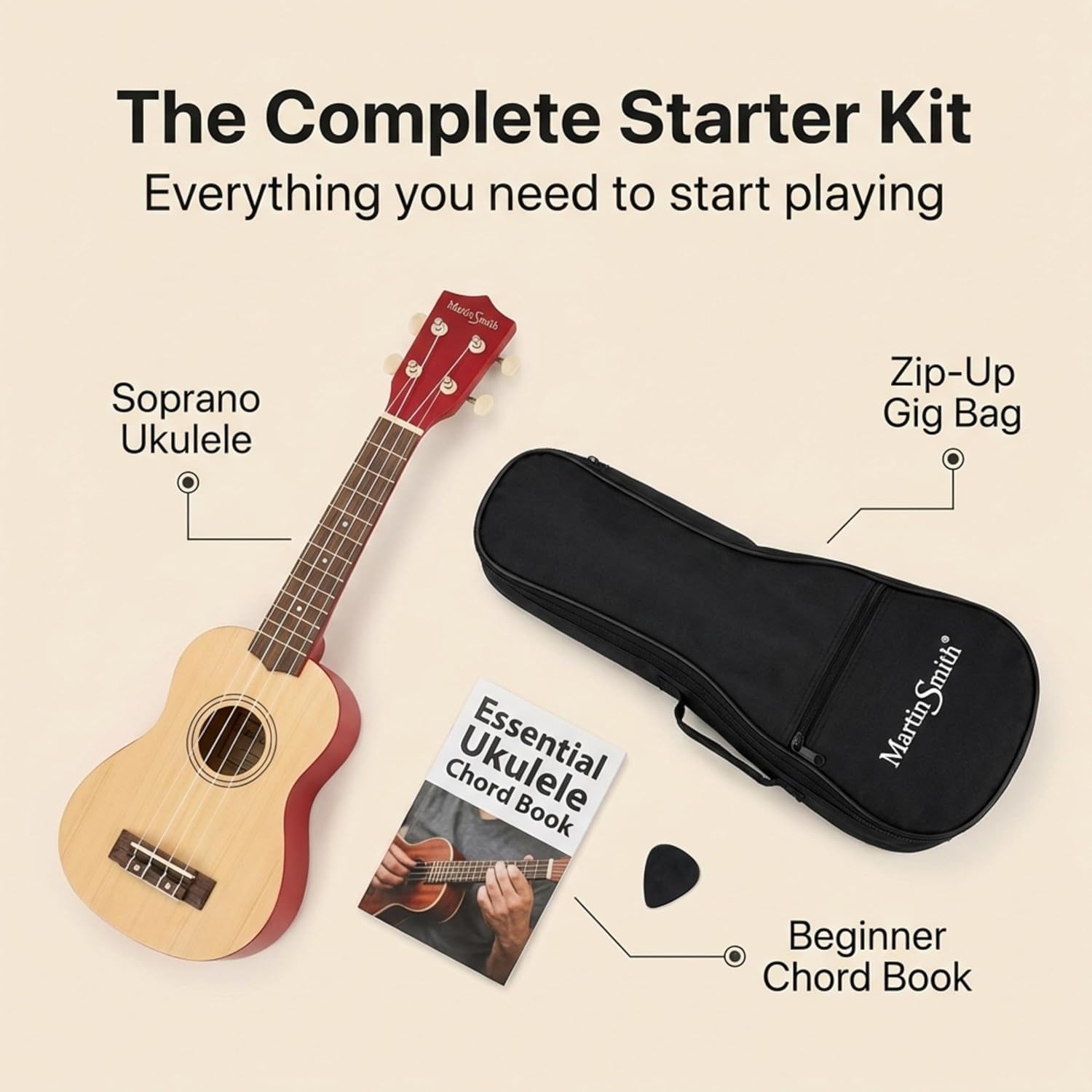 Martin Smith UK-212 soprano ukulele starter set with carry bag and beginner chord book