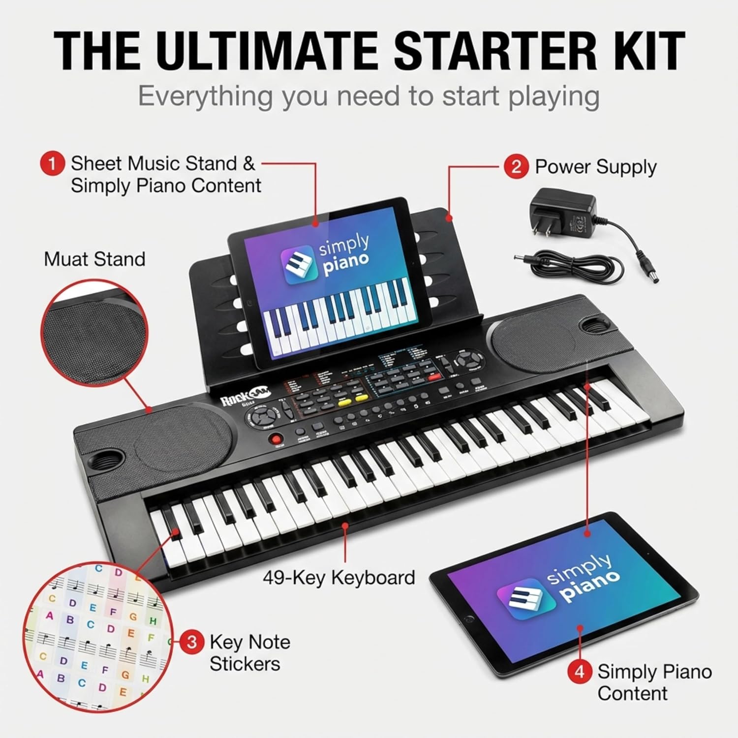 RockJam RJ549 keyboard starter set with power supply, music stand, note stickers and learning content