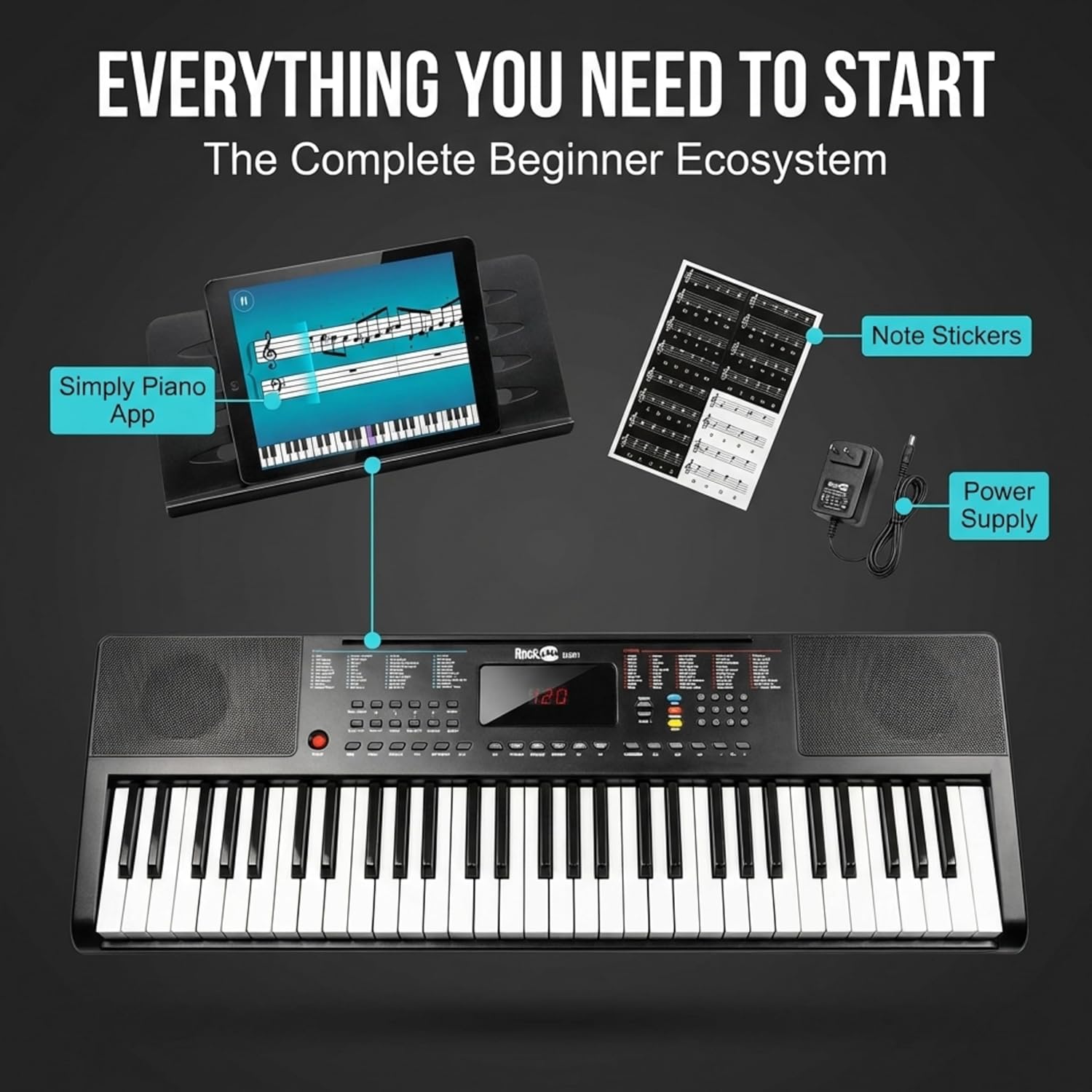 RockJam RJ361 61-key beginner keyboard with music stand, note stickers and learning support