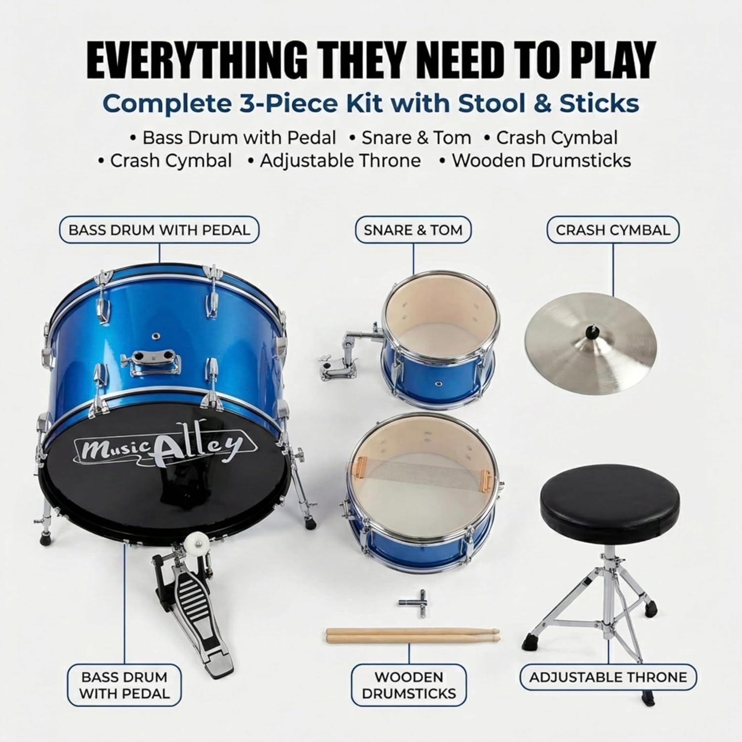 Music Alley 3-piece junior drum kit components including bass drum and pedal, snare, tom, cymbal, stool and drumsticks
