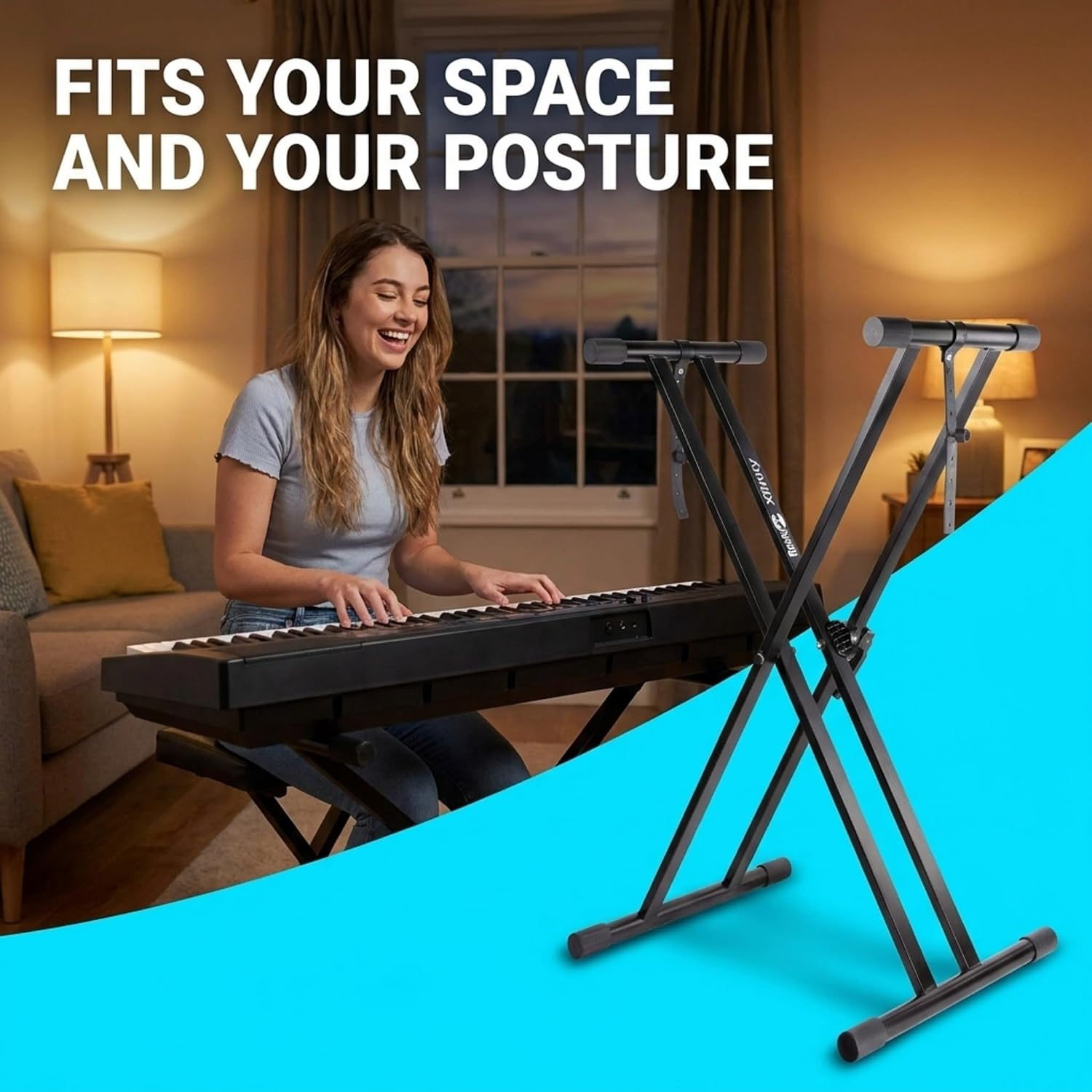 RockJam adjustable keyboard stand shown in a home practice setup with a seated keyboard player