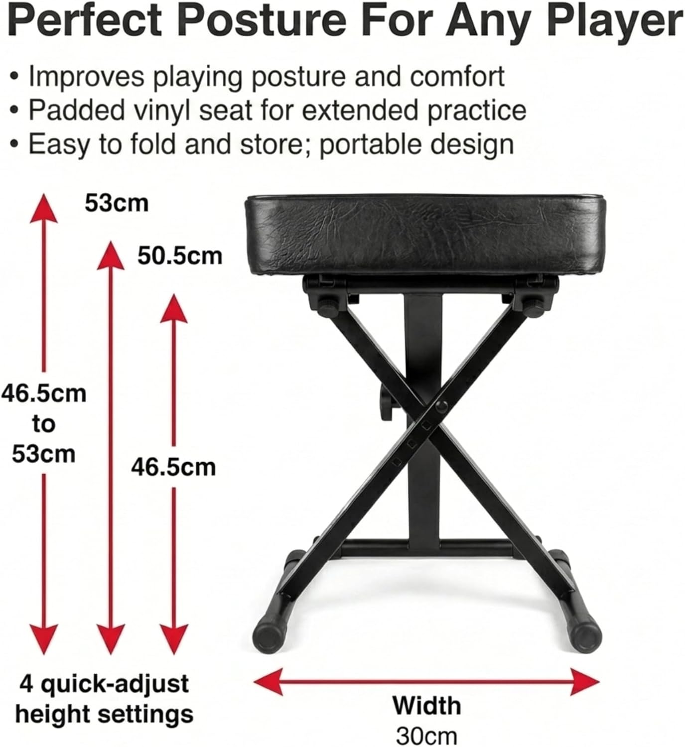 RockJam KB100 keyboard bench showing adjustable height settings from approximately 46.5 to 53 cm