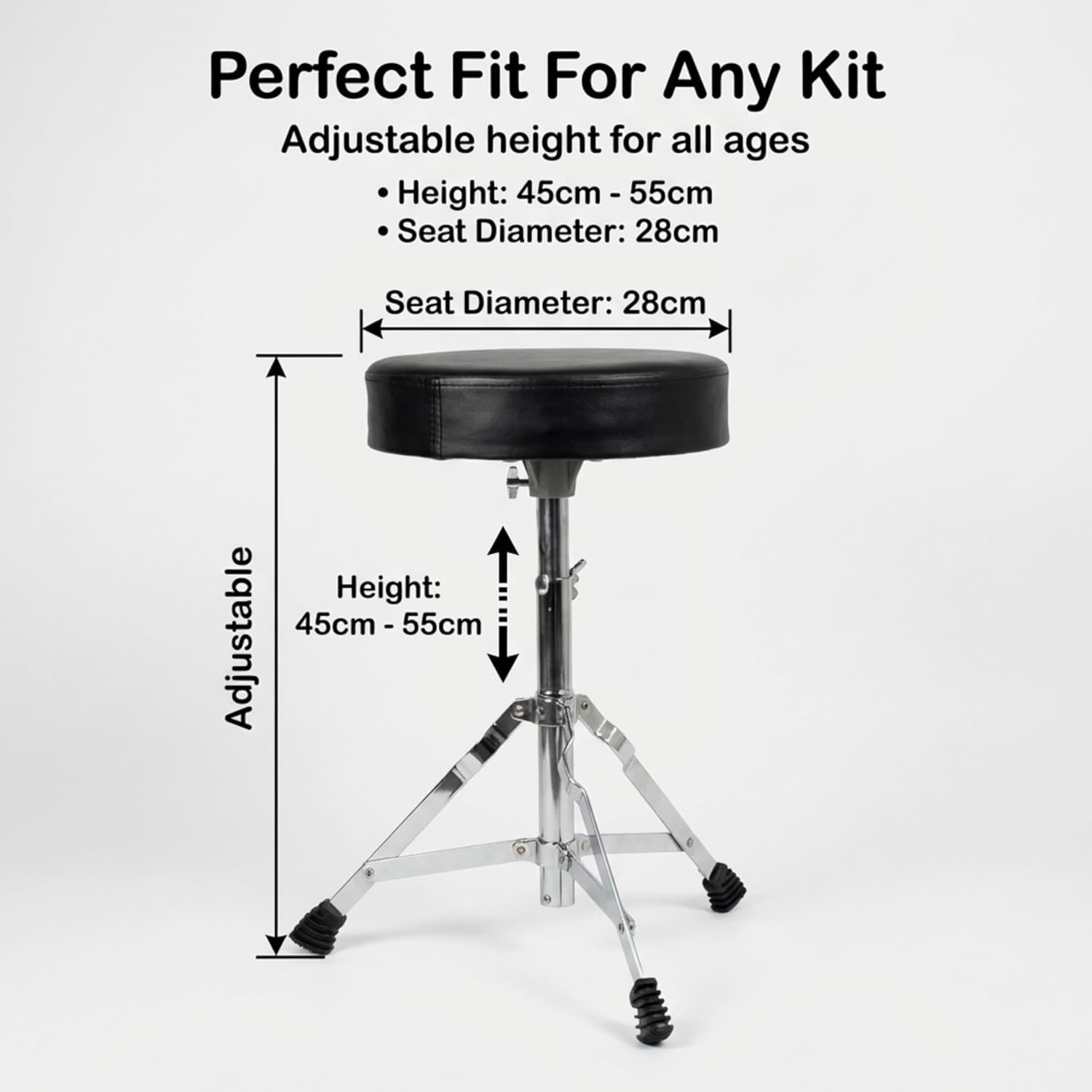 RockJam DP-001 drum throne showing 45 to 55 cm adjustable height and 28 cm seat diameter