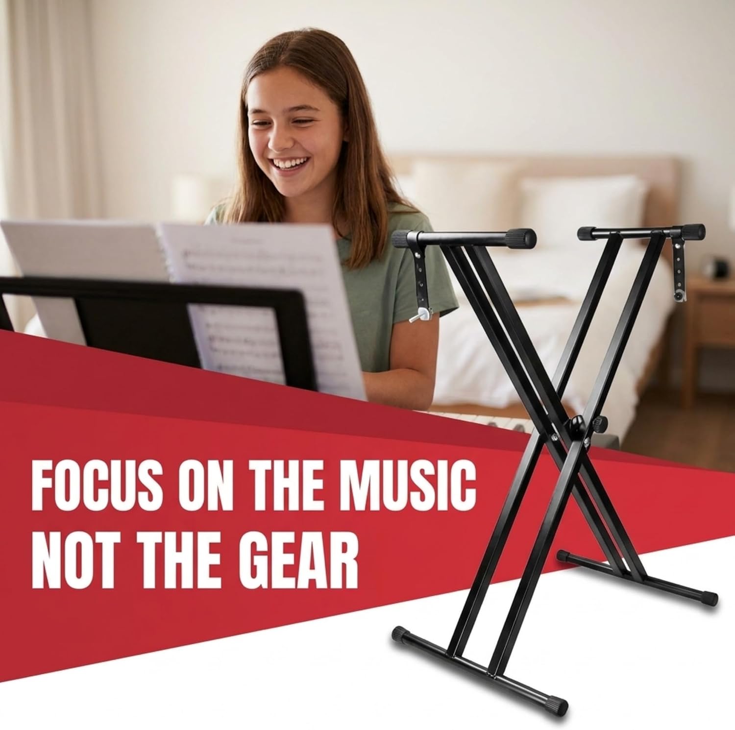 Music student using a keyboard with the RockJam RJX29 X-frame keyboard stand