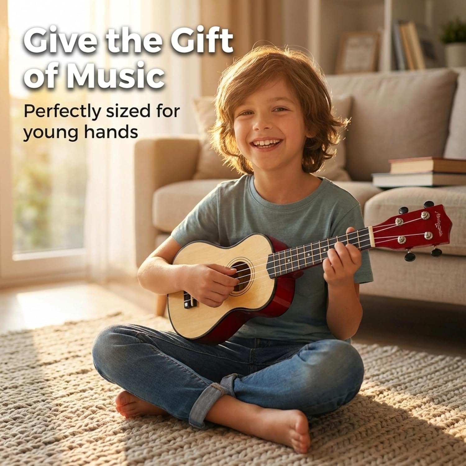 Child playing the Martin Smith UK-212 21-inch soprano ukulele