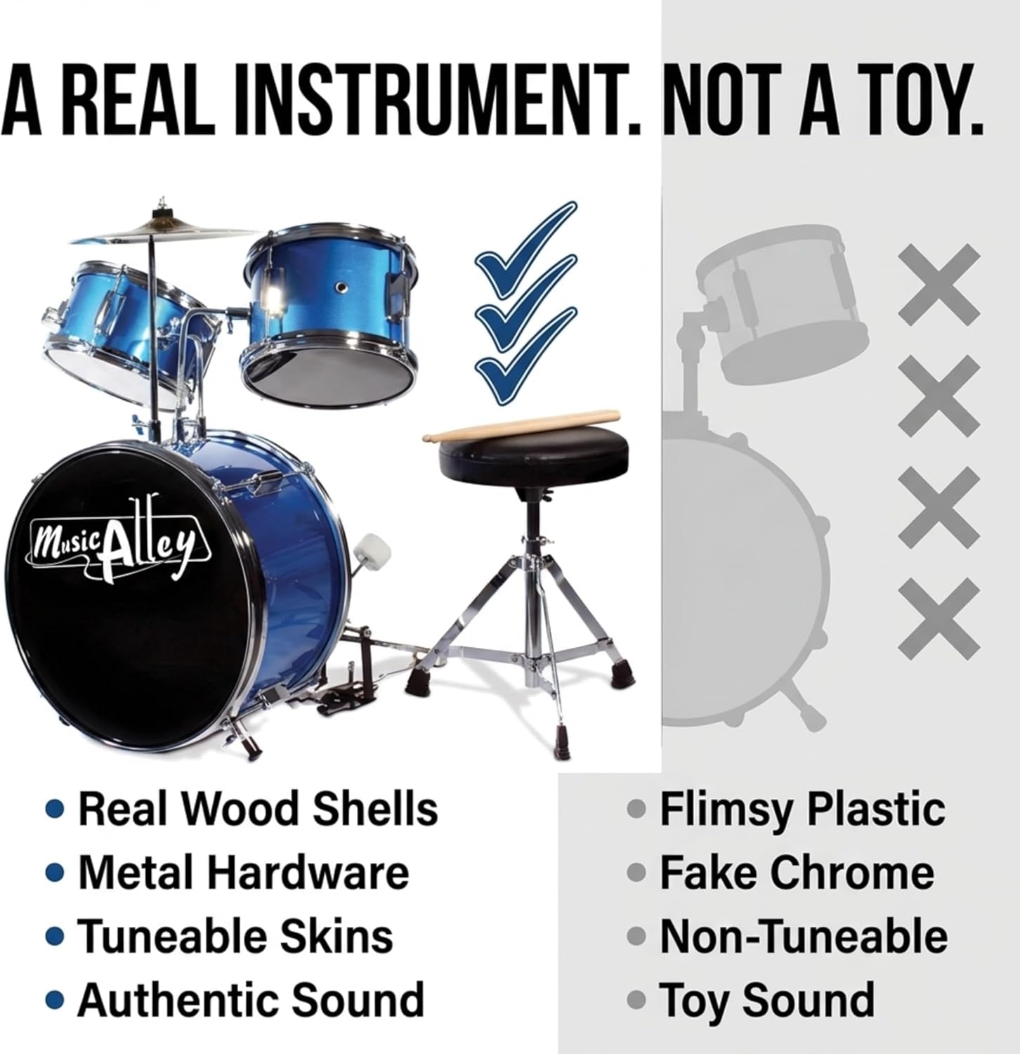 Music Alley junior acoustic drum kit highlighting real wood shells, metal hardware and tuneable drum heads