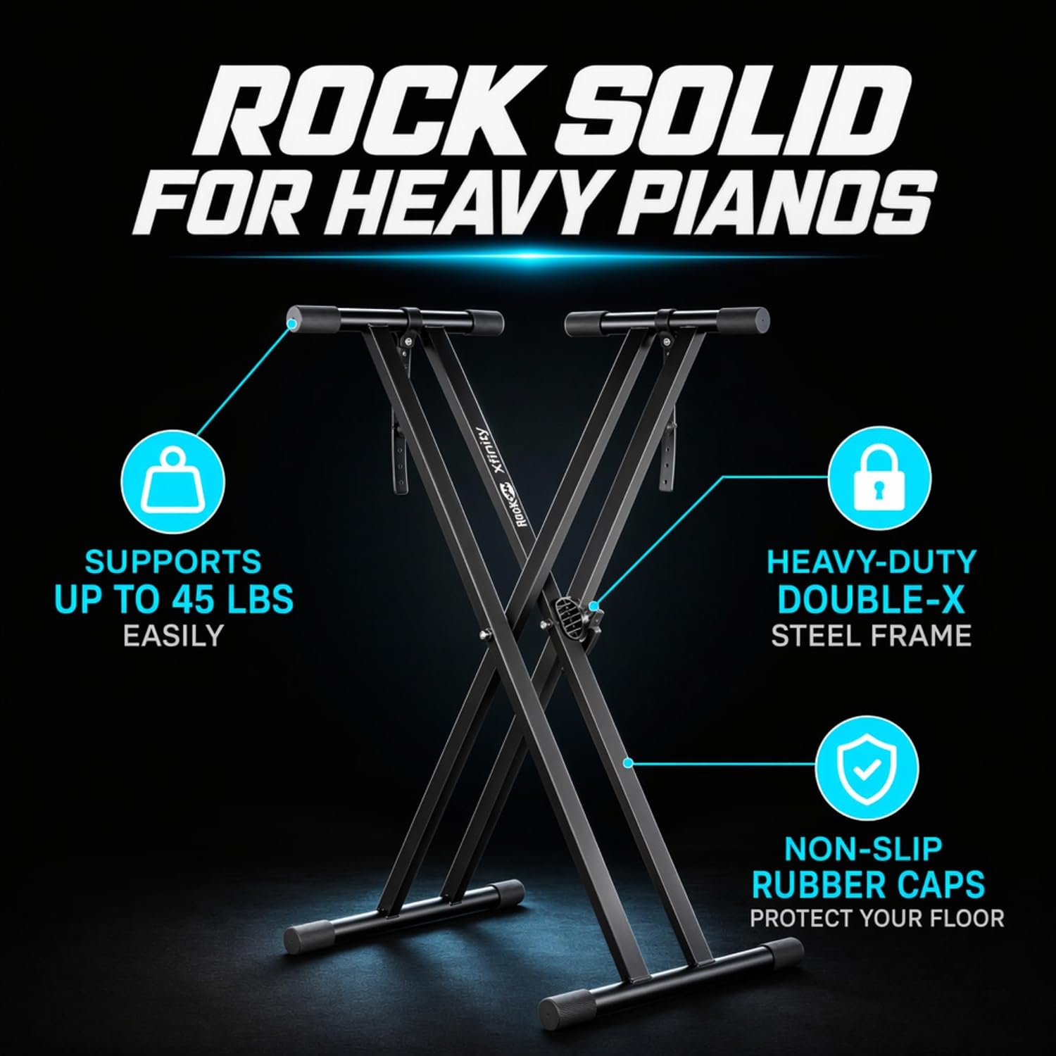 RockJam RJXX363 double-X steel keyboard stand highlighting 45 lb support capacity and non-slip feet
