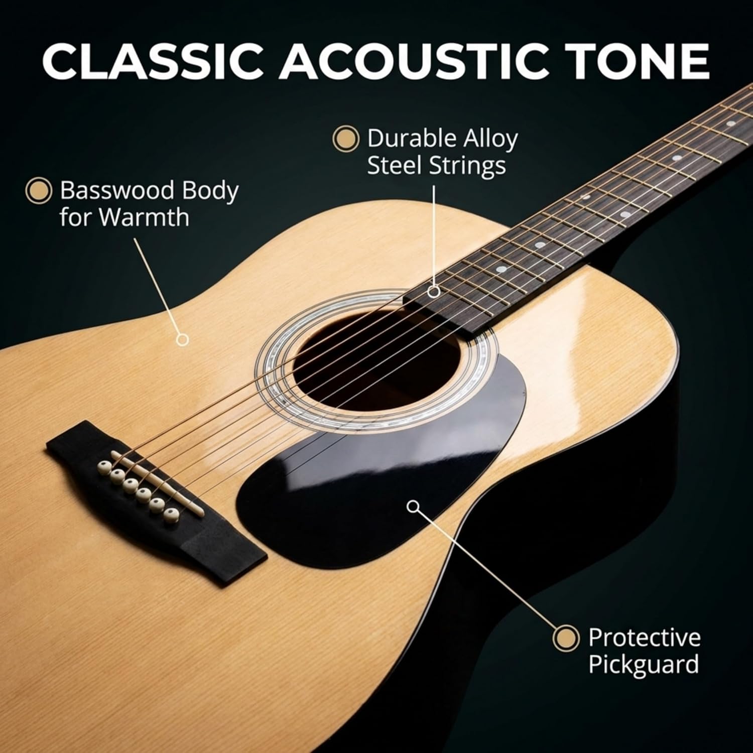 Martin Smith W-101 natural full-size acoustic guitar showing body, strings and soundhole