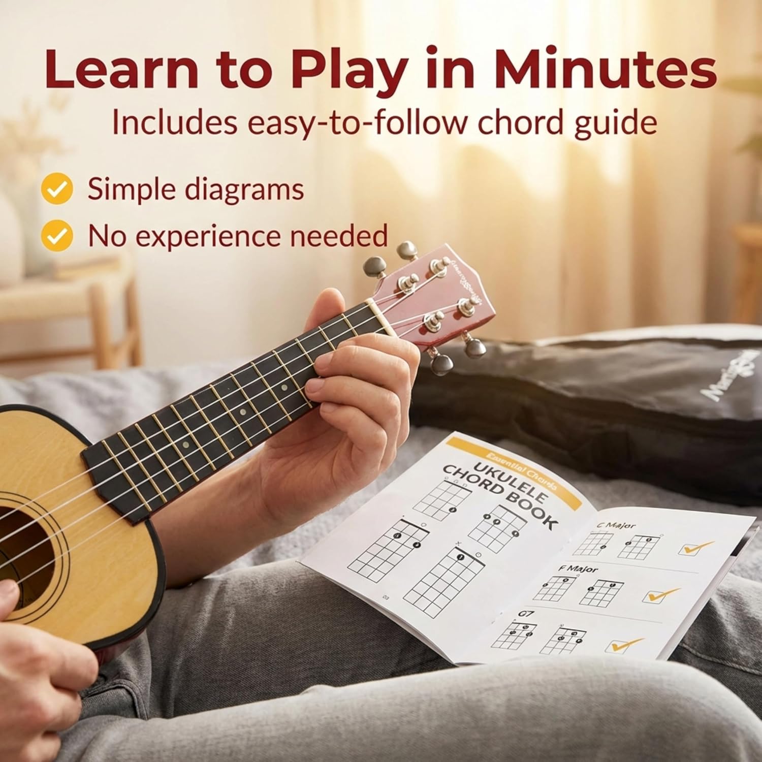 Beginner learning chords on a Martin Smith UK-212 soprano ukulele with chord guide