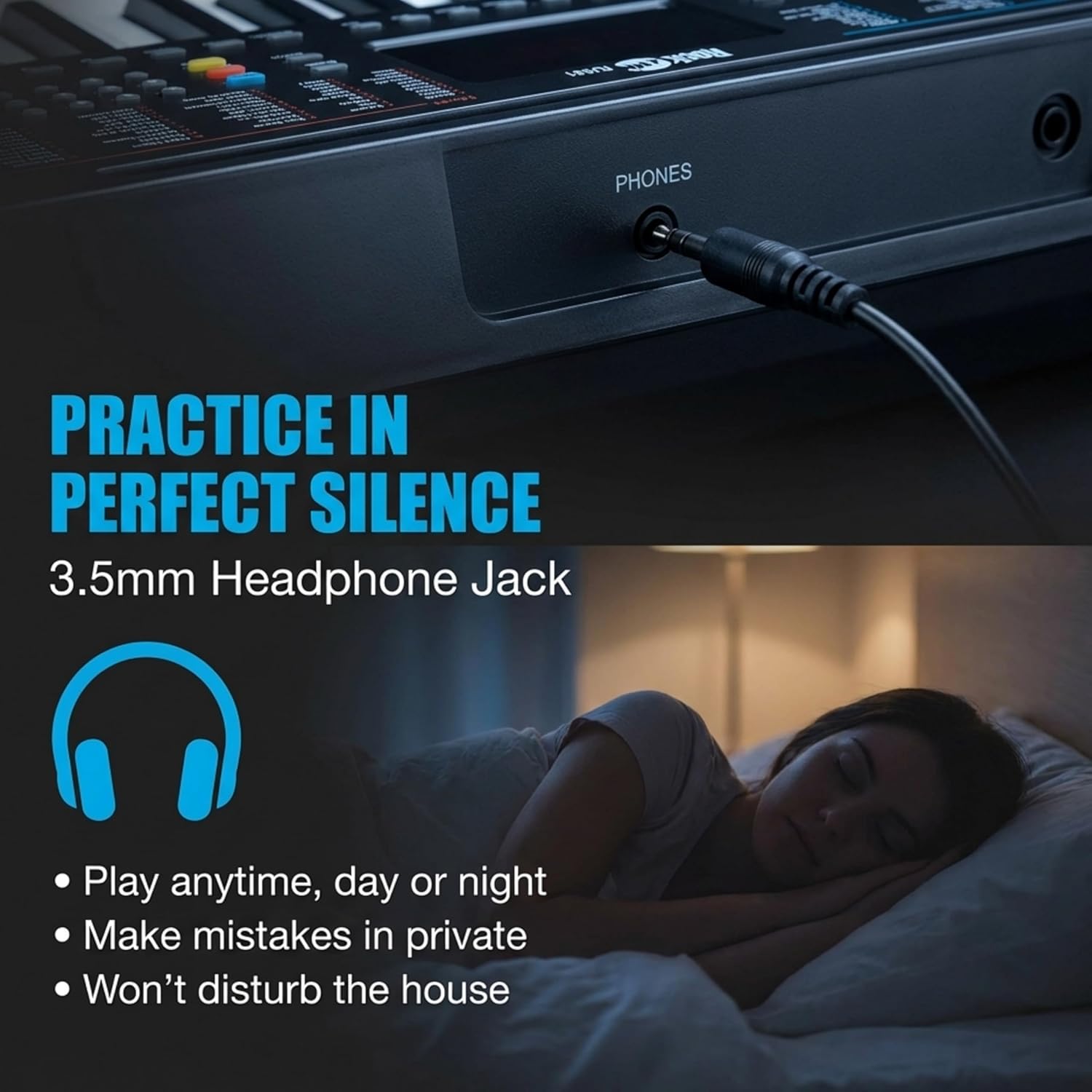 Headphones connected to RockJam RJ361 keyboard using 3.5mm headphone output