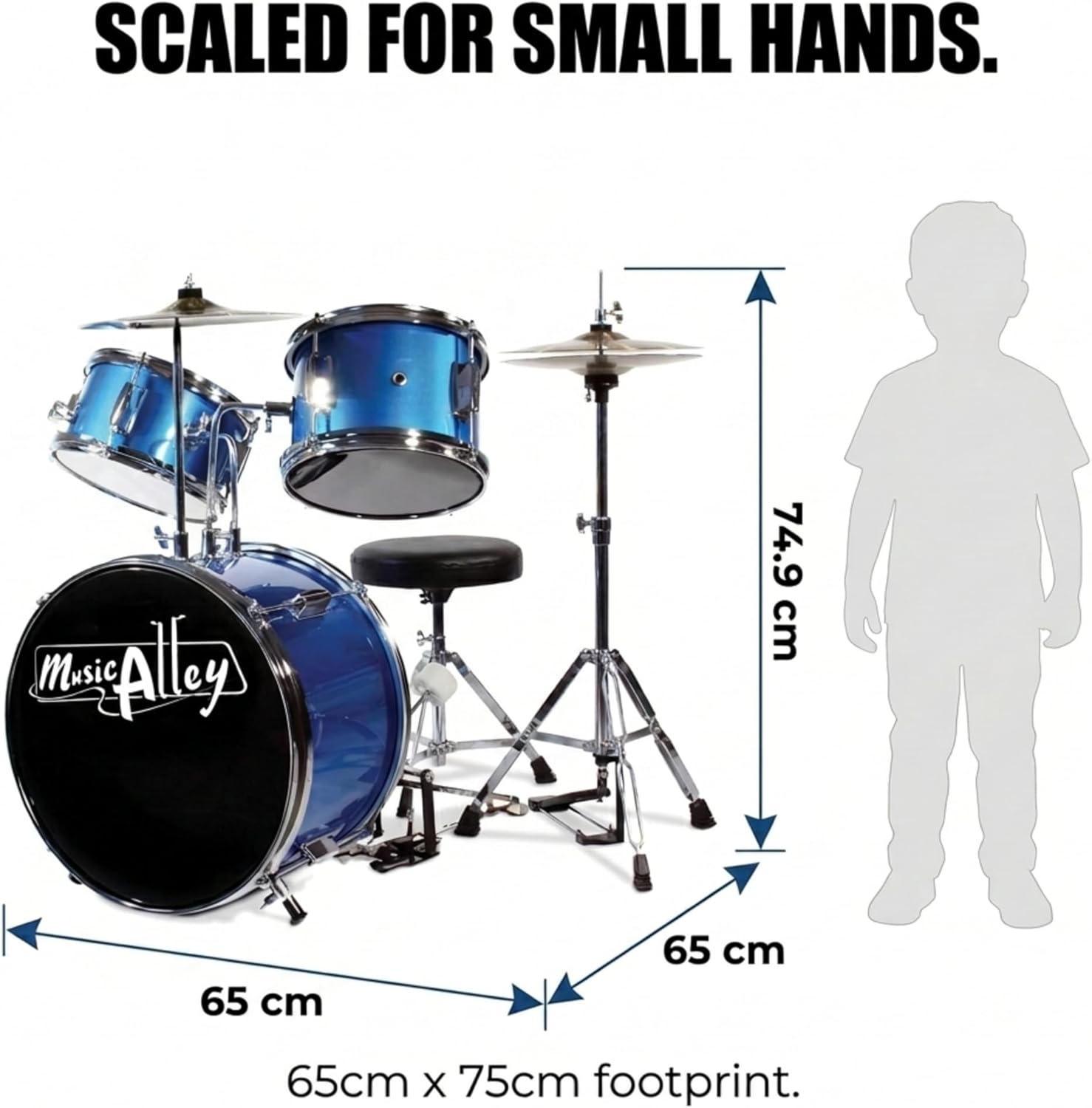 Music Alley junior drum kit size guide showing approximately 65 by 75 cm footprint and 74.9 cm height