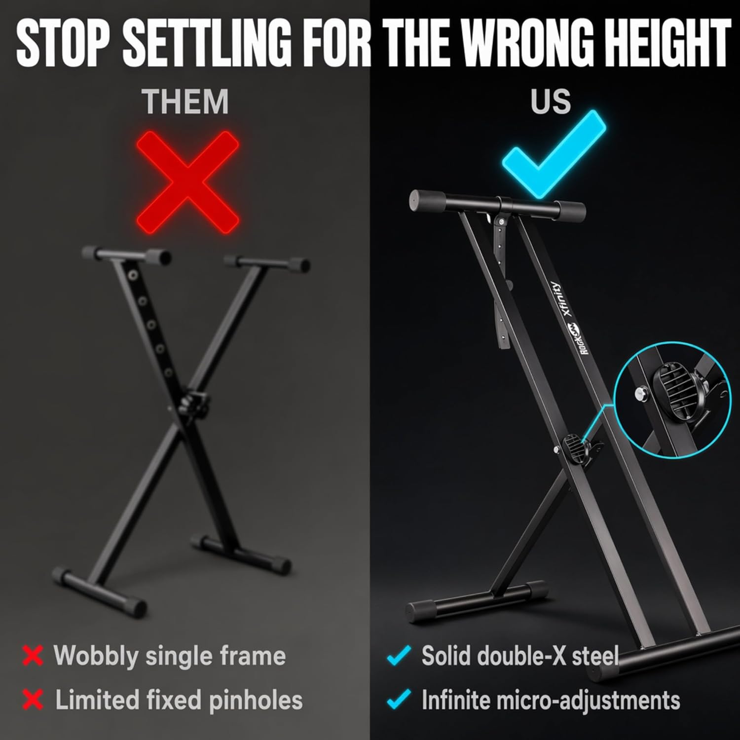 Comparison of a standard single-X keyboard stand with the RockJam double-X stand and micro-adjustable locking mechanism