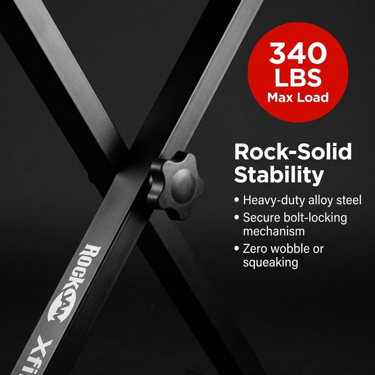 RockJam KB100 keyboard bench steel X-frame and locking mechanism highlighting 340 lb maximum load