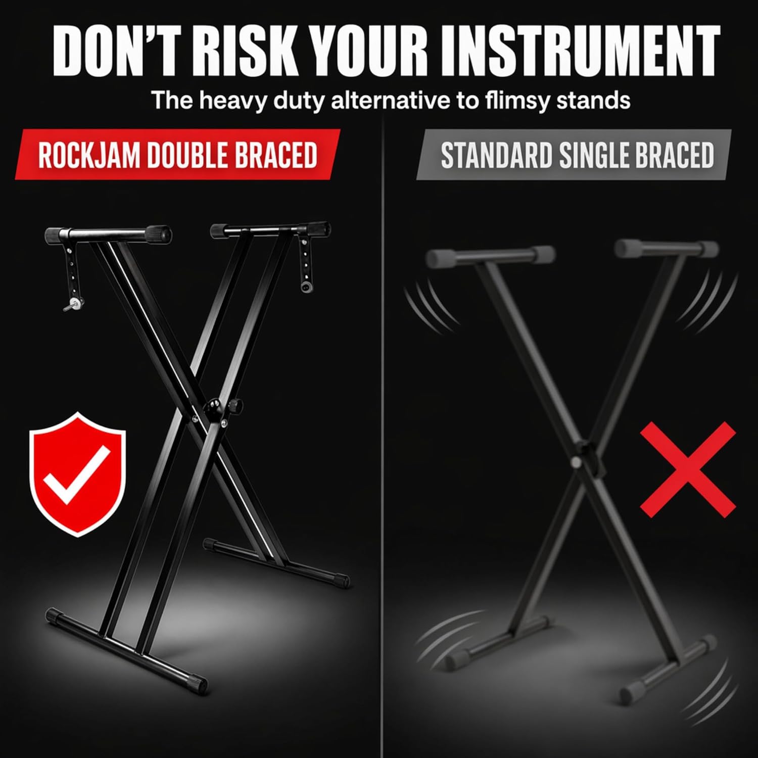 RockJam RJX29 black double-braced X-frame keyboard stand with locking straps