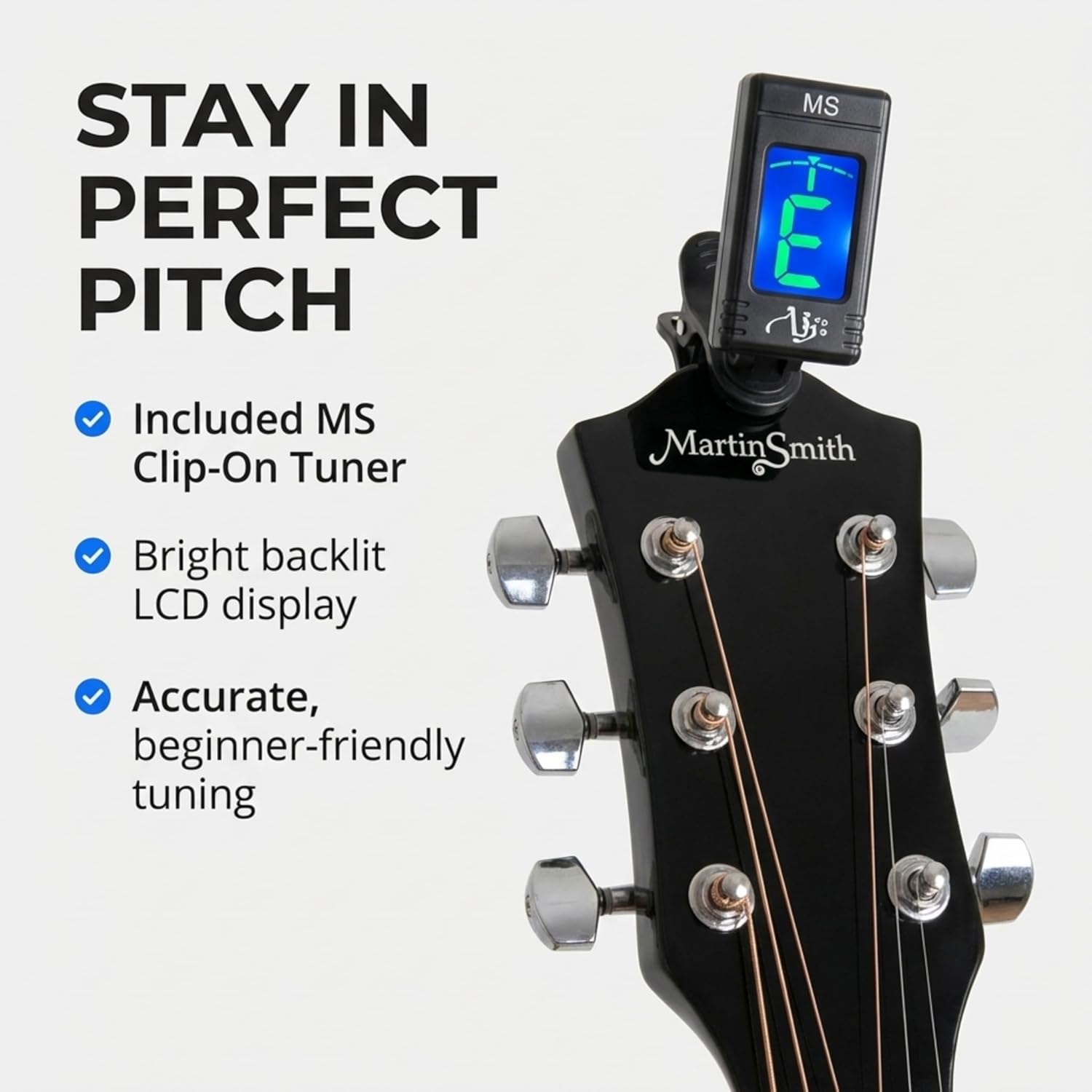 Clip-on electronic tuner fitted to Martin Smith W-101 acoustic guitar headstock