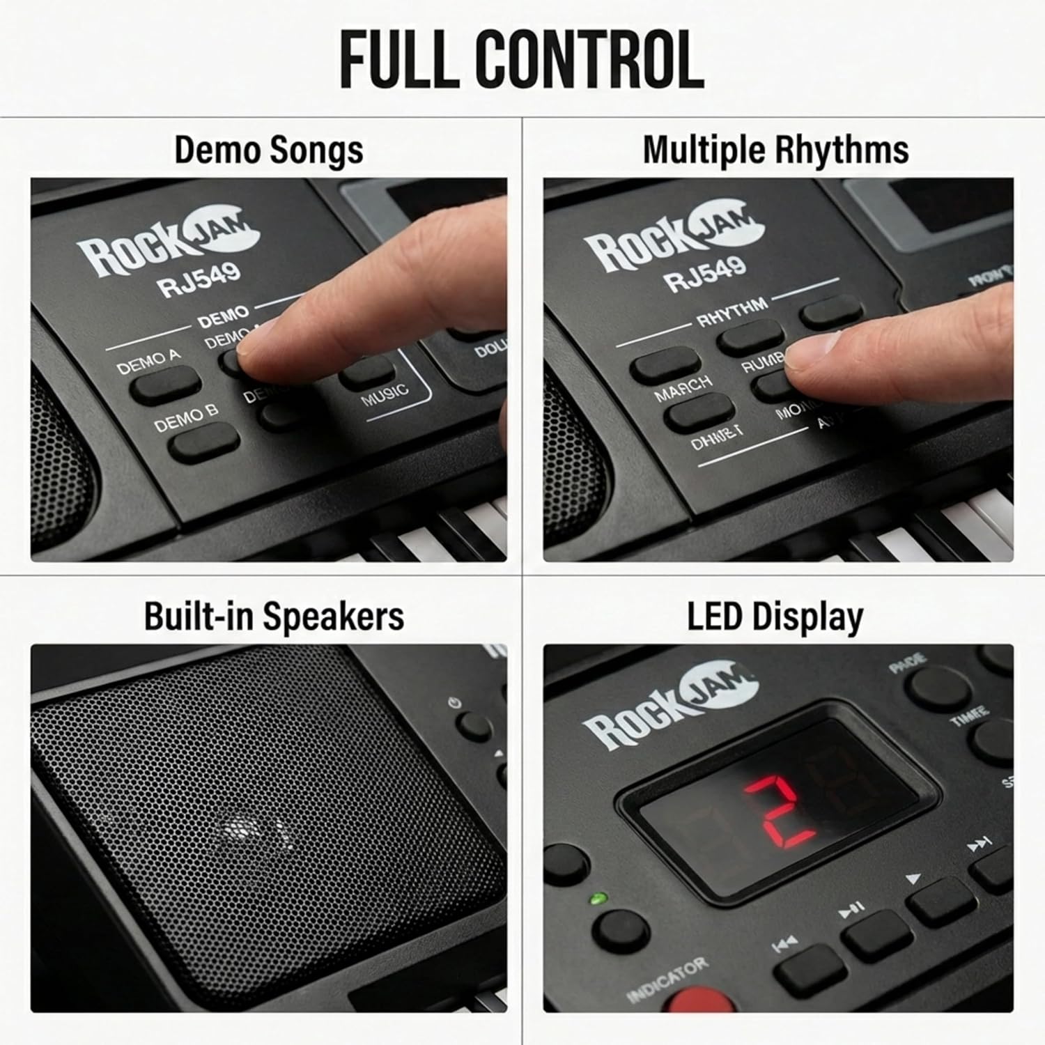 RockJam RJ549 controls showing demo songs, rhythms, built-in speakers and LED display
