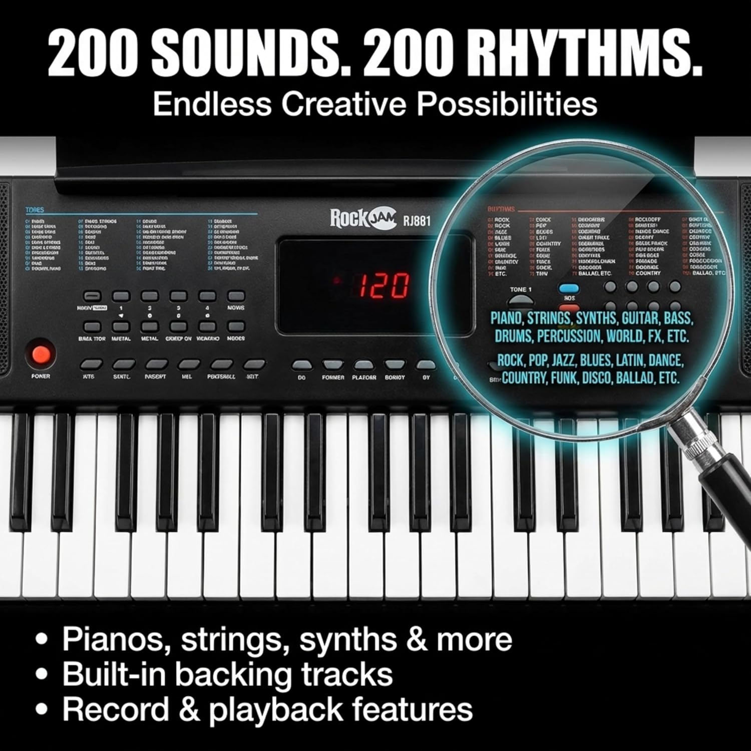 RockJam RJ361 keyboard controls with 200 instrument tones and 200 rhythms