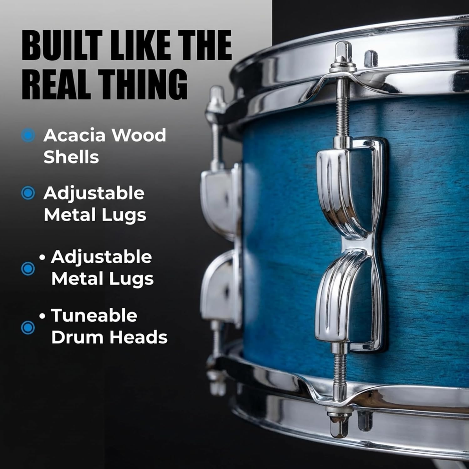Close-up of blue junior drum showing wood shell, metal hardware and tuneable drum head
