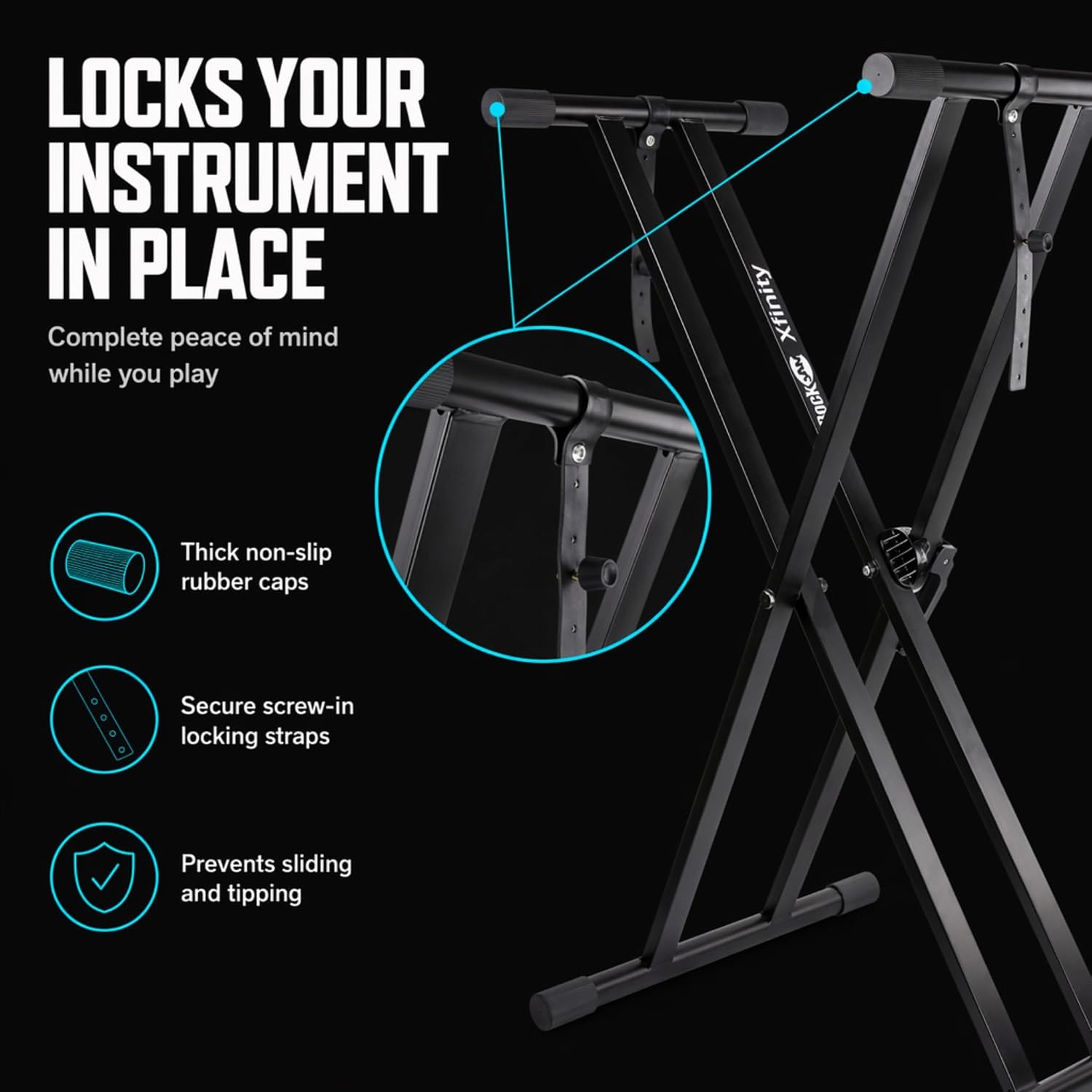 RockJam keyboard stand showing securing straps, non-slip rubber caps and double-X frame