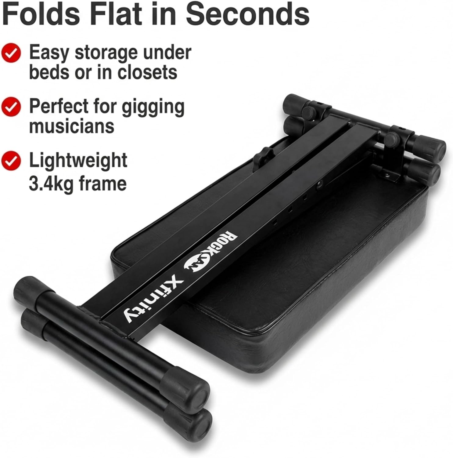 RockJam KB100 keyboard bench folded flat for storage and transport