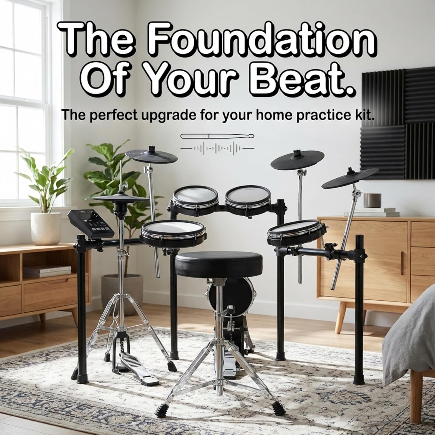 RockJam DP-001 drum throne positioned with an electronic drum kit in a home practice room