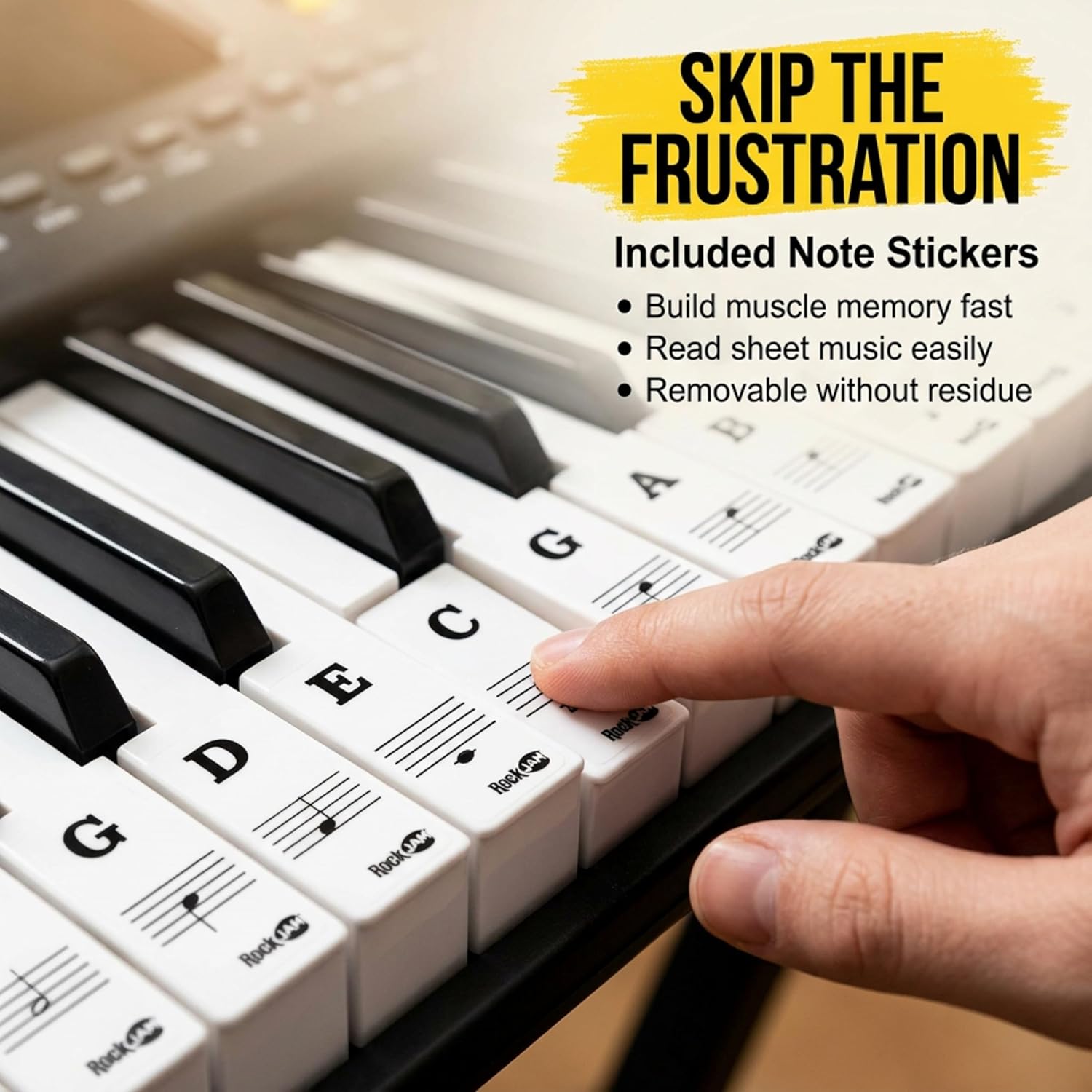 Piano note stickers fitted to RockJam RJ361 keyboard keys for beginner learning
