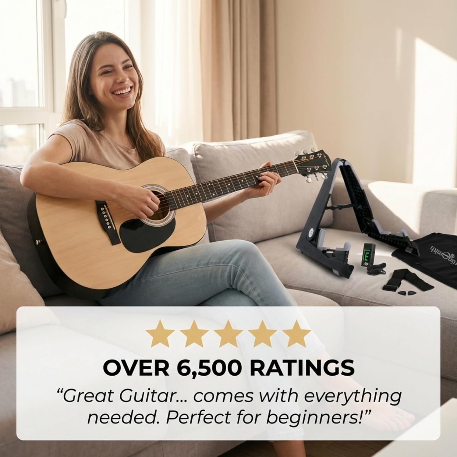 Beginner playing Martin Smith W-101 natural acoustic guitar at home