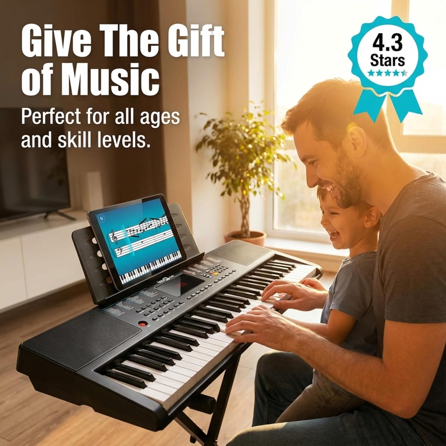 Adult and child playing RockJam RJ361 61-key keyboard together at home