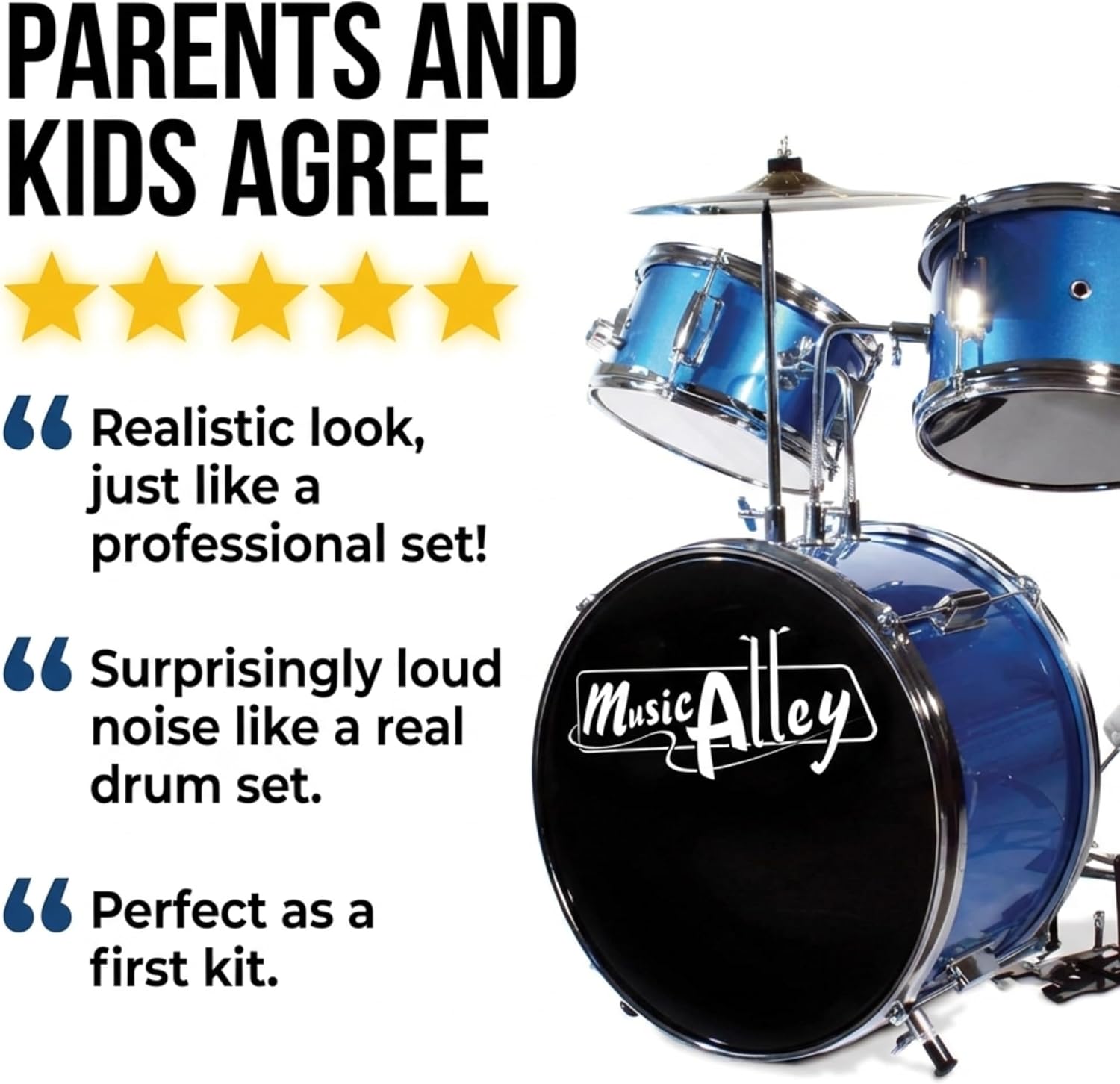 Music Alley junior drum kit with customer feedback describing its realistic appearance, acoustic sound and suitability as a first kit