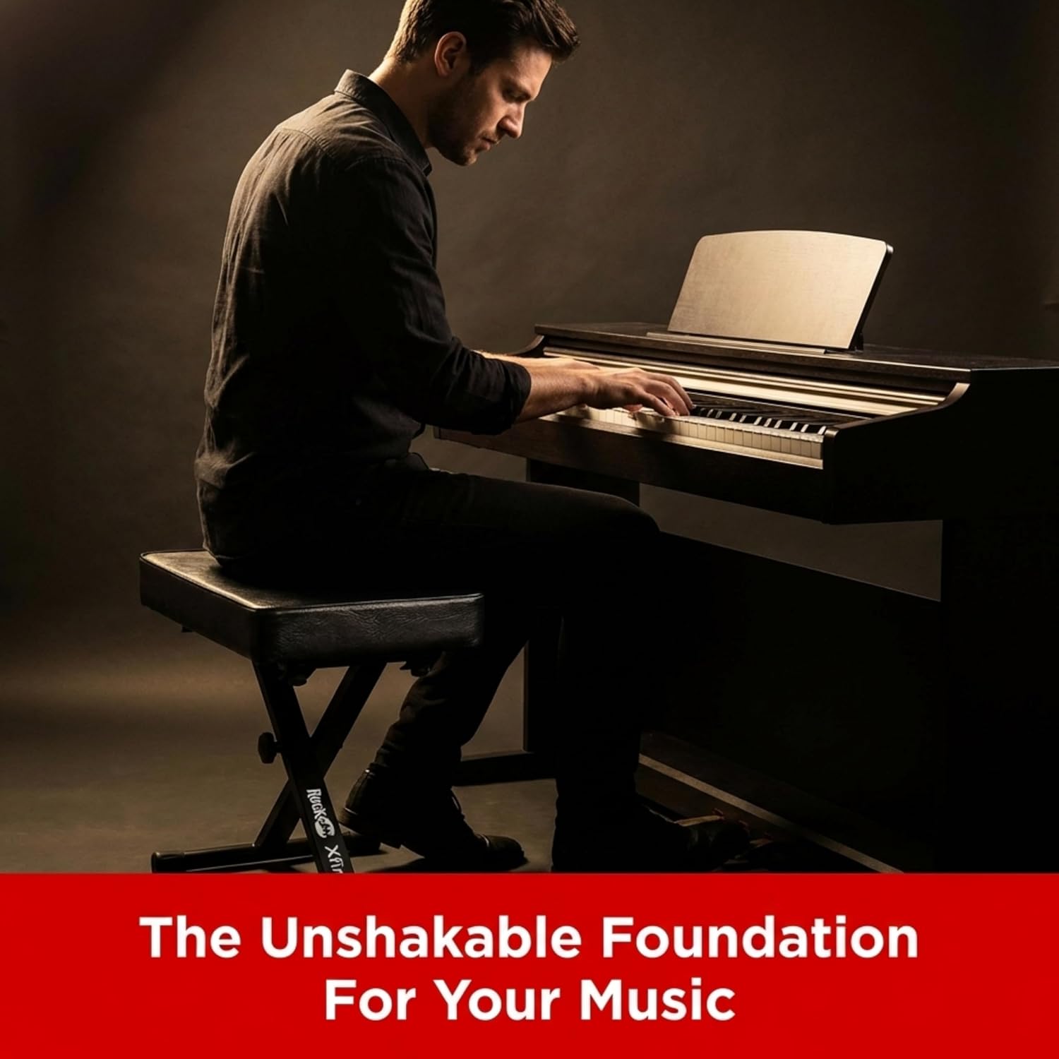 Man playing a digital piano while seated on a RockJam KB100 padded keyboard bench