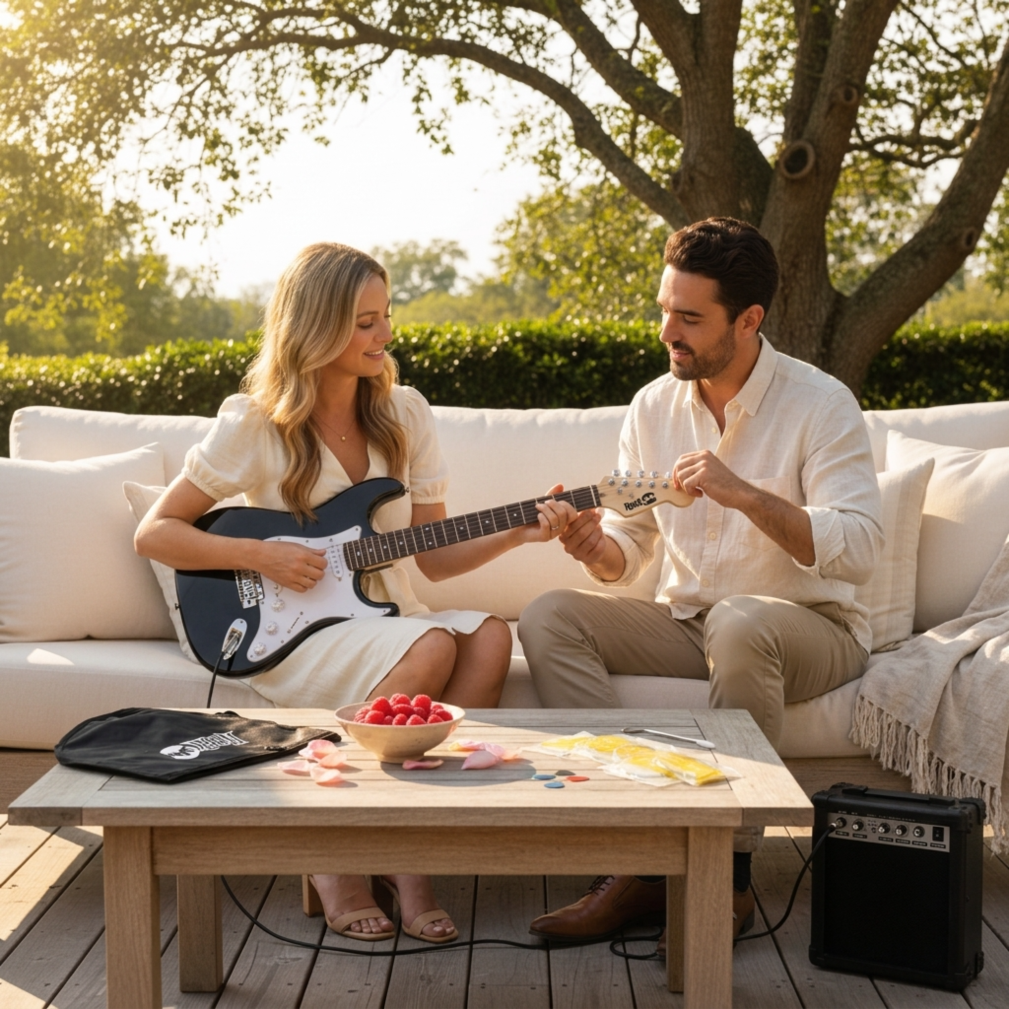 Woman playing a RockJam electric guitar with a man helping her learn outdoors